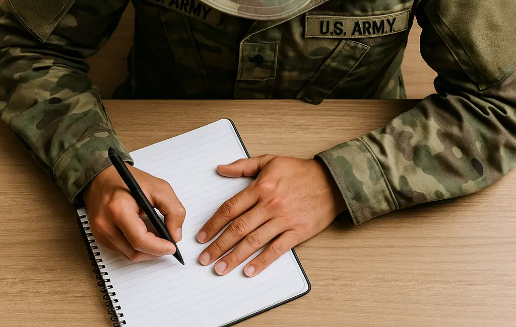 U.S. Army soldier writing in notebook..